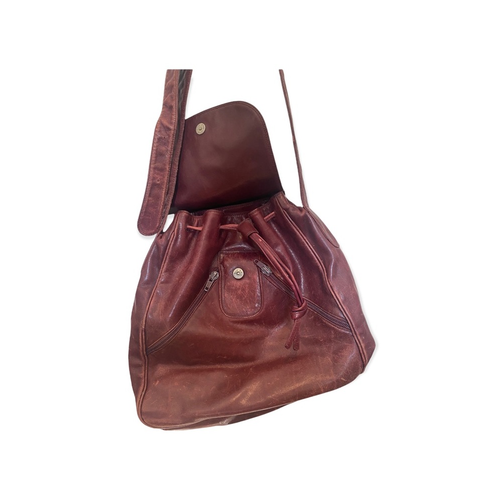 Burgundy Distressed Italian Leather Drawstring Crossbody Bag